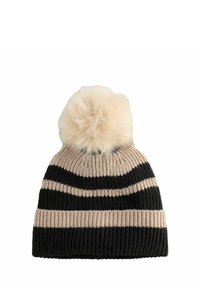 Berretto di maglia con strisce nere e beige, rifinito con un pom-pom soffice e di colore chiaro sulla parte superiore. Design a coste testurizzate, materiale morbido.