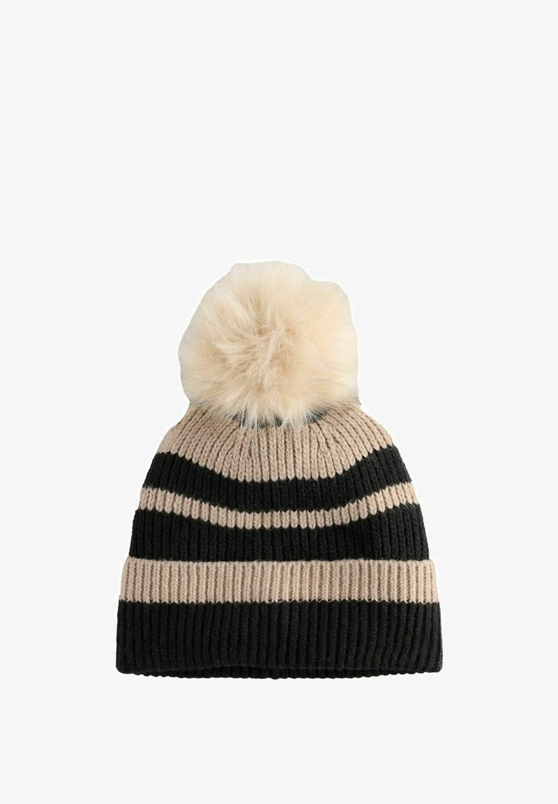 Strikket hue med sorte og beige striber, afsluttet med en fluffy, lysefarvet pom-pom på toppen. Teksturdesign med rib, blødt materiale.