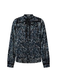 Blouse noire à manches longues avec motif floral abstrait bleu et blanc, tissu transparent, boutons sur le devant et nœud noué au col.