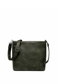 Zelená crossbody taška z umělé kůže s plochým designem, nastavitelným popruhem a stříbrnými kovovými prvky. Hladký povrch s minimálními detaily.
