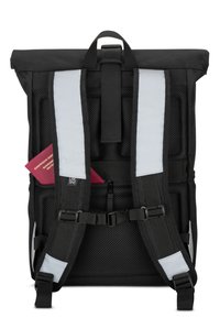Black roll-top backpack with padded mesh back, adjustable straps, and reflective accents. Featuring a zippered compartment and an inner pocket.