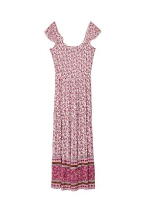 Maxi dress with floral print in pink and cream. Features smocked bodice and flutter sleeves. Hem adorned with patterned border. Cotton material.