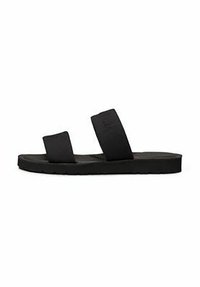 Schwarze Sandalen mit zwei breiten Riemen über dem Fuß und einer strukturierten Sohle. Das Design ist schlicht mit einer flachen Sohle und ohne zusätzliche Akzente.