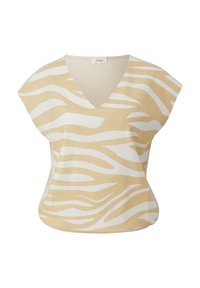 Blouse à manches courtes beige et blanche à rayures zébrées, col en V et coupe ample, marque s.Oliver, taille 34.