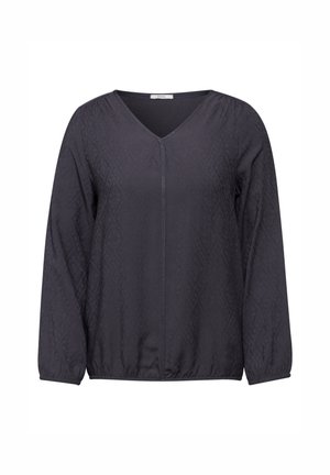 Top lungo grigio scuro a maniche lunghe con scollatura a V, motivo a rombi testurizzato e orlo elasticizzato. Presenta un dettaglio della cucitura anteriore e maniche aderenti.