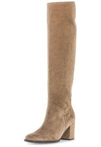 Botte mi-mollet en daim beige avec talon bloc, texture lisse, design structuré, bout arrondi et détail de couture sur le cou-de-pied.