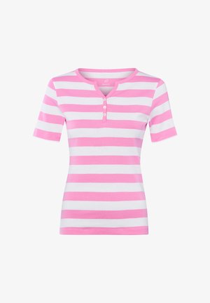 Koszula damska z krótkim rękawem, z poziomymi różowo-białymi paskami i dekoltem henley z trzema guzikami.