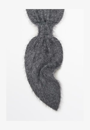 Gray, fluffy scarf with a unique leaf shape and textured finish, featuring a knitted top. Soft material adds warmth and comfort.