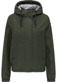 Zielona, wodoodporna kurtka z kapturem, regulowanym sznurkiem, zatrzaskami, elastycznymi mankietami i dolnym wykończeniem oraz dwiema bocznymi kieszeniami.