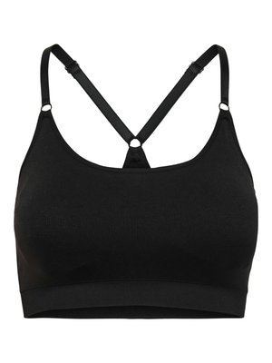 Reggiseno sportivo nero con sottili spalline regolabili che formano uno stile a racerback e un'ampia fascia di supporto sotto il busto.