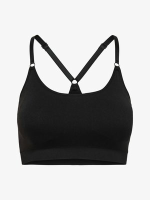 Reggiseno sportivo nero con sottili spalline regolabili che formano uno stile a racerback e un'ampia fascia di supporto sotto il busto.