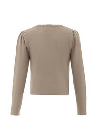 Top tricot bej cu mâneci lungi, cu un design scurtat, având umeri puțin plini și un finisaj texturat pe marginea gâtului.