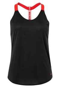 Mustikkamusta urheilutoppi, jossa on punaiset hihnat ja logoaksentti. Tässä on urheilullinen takakappale sekä sileä kangas.