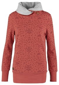 Sweat-shirt à manches longues couleur rouille avec petits motifs d'animaux et de feuilles rouge foncé, col gris replié et bouton en bois près de l'encolure.