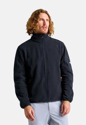 Veste en polaire noire avec un col élevé, fermeture éclair sur toute la longueur à l'avant, et poches zippées. Comprend des poignets élastiques et des détails de couture contrastants.