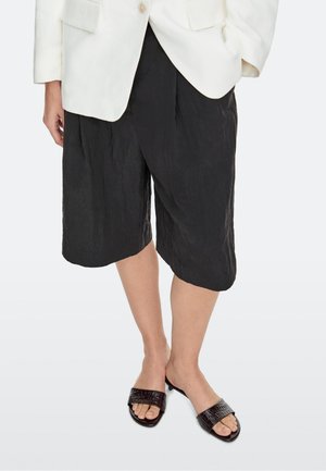 Person iført knælange sorte vidde shorts, hvid blazer og sorte åbne mule sandaler på en ensartet lys baggrund.