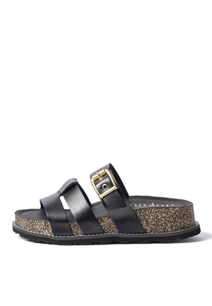 Black platform sandal with three leather straps and gold buckle, speckled cork sole, and black rubber outsole, side view on white background.