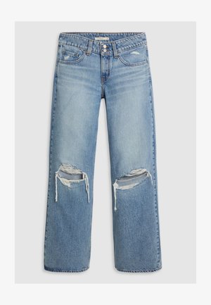 Jeans in denim azzurro chiaro con vita alta, gamba larga, tessuto strappato e due grandi strappi sulle ginocchia con bordi sfrangiati.