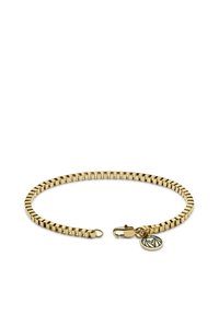 Gold metal bracelet featuring a flexible, square link design. Includes a clasp closure and a small charm with a lion emblem.