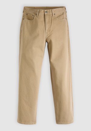 Beige katoenen broek met recht model, vijfzakkenstijl, subtiele stiksels en een metalen knoop aan de voorkant.