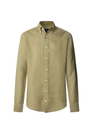 Olive green long-sleeve button-up shirt made of textured fabric, featuring a button-down collar and small embroidered logo on the chest.
