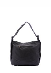 Zwarte leren draagtas met een gestructureerd oppervlak, voorzien van een ritszak aan de voorkant en twee stevige schouderriemen.