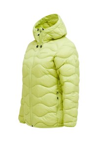 Lime grøn pufferjakke med syet bølgedesign, lynlås foran, hætte og sidelommer; letvægts, glat struktur og isoleret design.