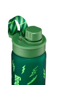 Green plastic water bottle with a textured finish, secure lid, and green and black striped strap. Features lightning bolt graphics.