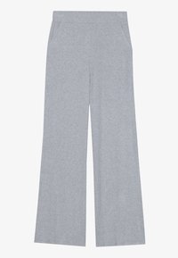 Pantaloni largi de culoare gri deschis, cu textură țesută, talie elastică și două buzunare laterale. Designul general este simplu și funcțional.