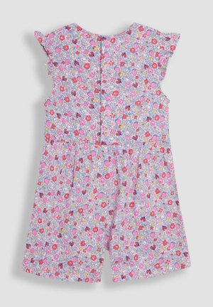 Ujjatlan rózsaszín virágmintás kisgyermek overál, hátul gombos záródással, fodros vállpántokkal és színes virágokkal és bogyókkal díszített mintával.