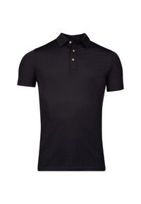 Polo noir en tissu lisse, avec un col, des manches courtes et trois boutons beiges sur la patte.
