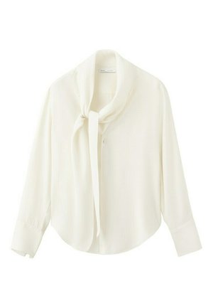 Biała bluzka z długim rękawem, z delikatnym wiązaniem przy szyi i zapięciem na guziki z przodu, wykonana z lekkiego materiału.