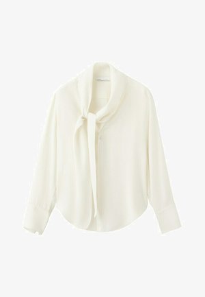 Biała bluzka z długim rękawem, z delikatnym wiązaniem przy szyi i zapięciem na guziki z przodu, wykonana z lekkiego materiału.