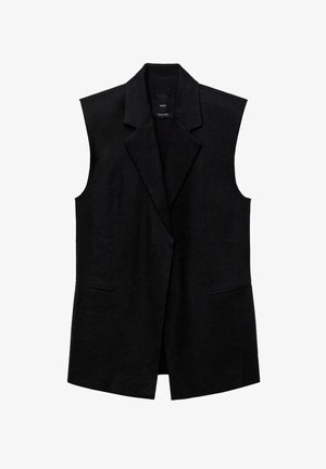 Black sleeveless vest with a shawl collar, tailored design, two front pockets, and a textured fabric finish.