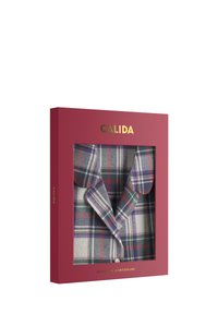 Camicia da pijama a quadri del marchio Calida in una scatola di imballaggio. Presenta un motivo a quadri verde, rosso e bianco con colletto e chiusura a bottoni.
