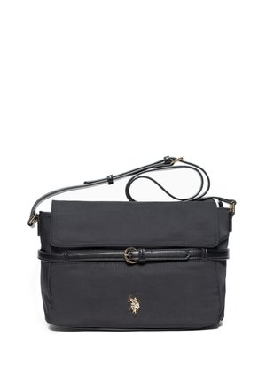 Schwarze rechteckige Crossbody-Tasche mit verstellbarem Riemen, Frontklappe, schlankem Gürtel-Detail und kleinem goldenen Pferdelogo vorne in der Mitte.