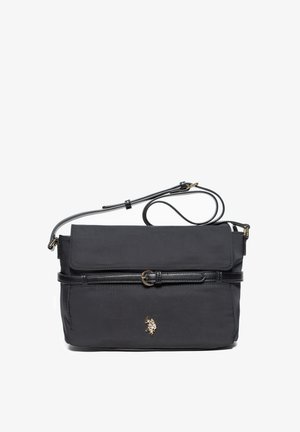 Schwarze rechteckige Crossbody-Tasche mit verstellbarem Riemen, Frontklappe, schlankem Gürtel-Detail und kleinem goldenen Pferdelogo vorne in der Mitte.