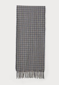 Woven scarf in navy, brown, and white check pattern; features fringed edges and a soft texture, suitable for warmth and style.