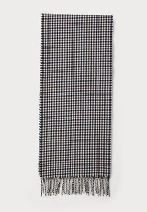 Sciarpa intrecciata in navy, marrone e bianco con motivo a quadri; presenta bordi frangiati e una consistenza morbida, adatta per calore e stile.