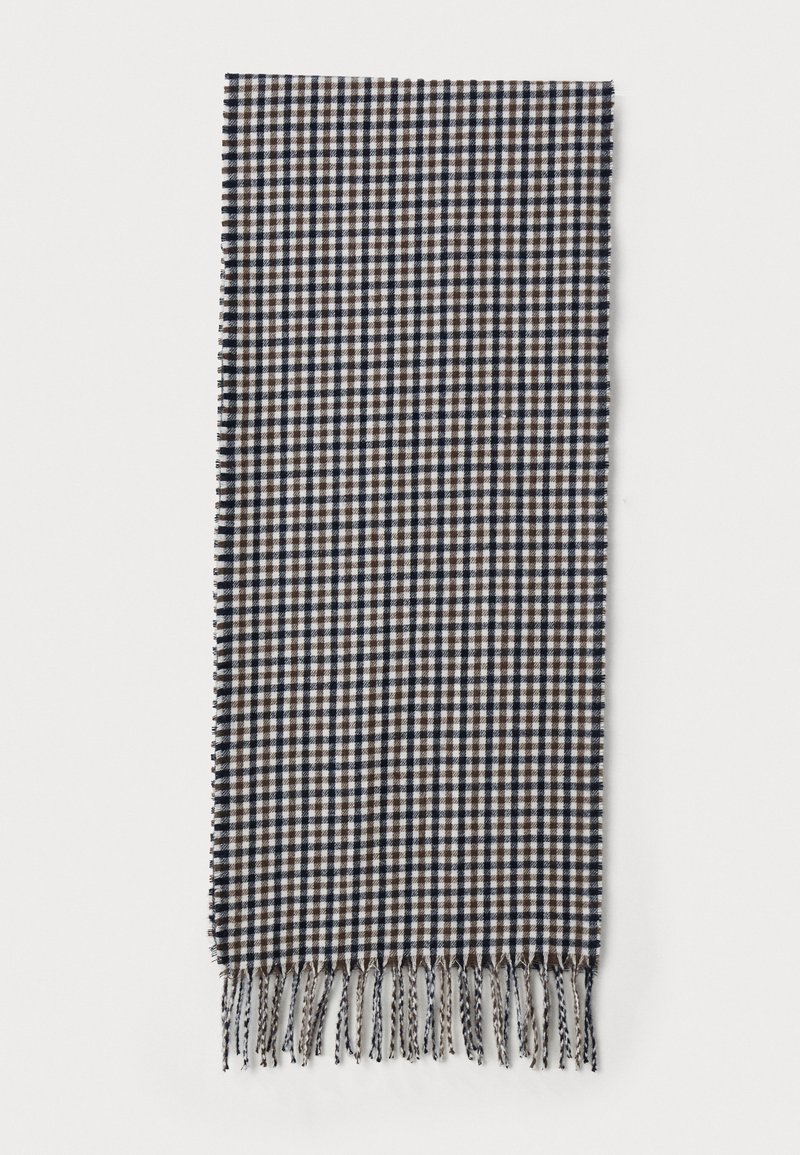 Woven scarf in navy, brown, and white check pattern; features fringed edges and a soft texture, suitable for warmth and style.