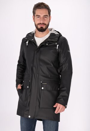 Black waterproof parka with a hood, zippered front, two front pockets, and adjustable drawstring. Features gray lining and silver hardware accents.