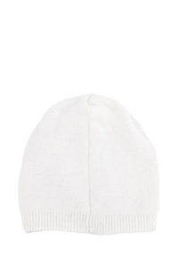 Beanie bianco lavorato a maglia con bordo a coste, dotato di una texture liscia e di un design senza cuciture, adatto per un look casual nelle giornate fredde.