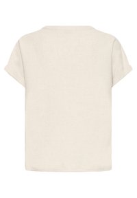 Chemise beige à manches courtes avec revers roulés et un large col arrondi, vue de dos sur un fond blanc.