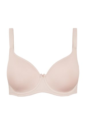 Nude-colored, smooth padded bra with underwire, adjustable shoulder straps, and small decorative bow at center front.