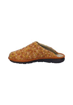 Felt slipper in orange and yellow hues with a textured surface, soft lining, and a black rubber sole. Open-back design for easy wear.