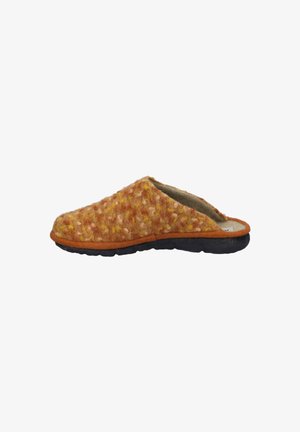 Felt slipper in orange and yellow hues with a textured surface, soft lining, and a black rubber sole. Open-back design for easy wear.