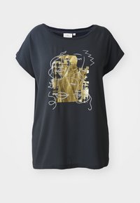 Black short-sleeve t-shirt with a loose fit, featuring a gold abstract face design outlined in white. Soft, smooth fabric texture.