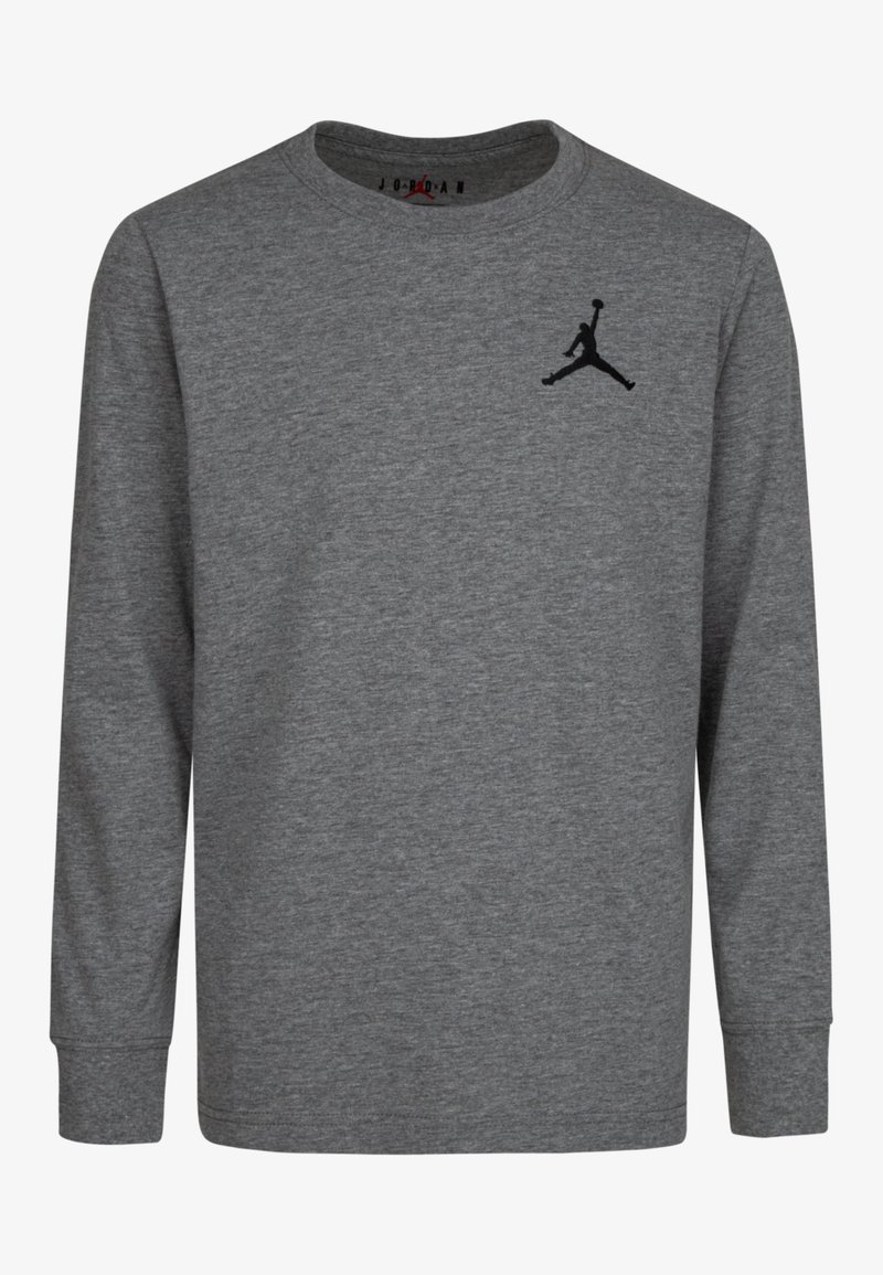 Grijze langemouwen t-shirt van een zachte stof, met een zwart Jordan-logo op de borst. Eenvoudige ronde hals en standaard boorden.