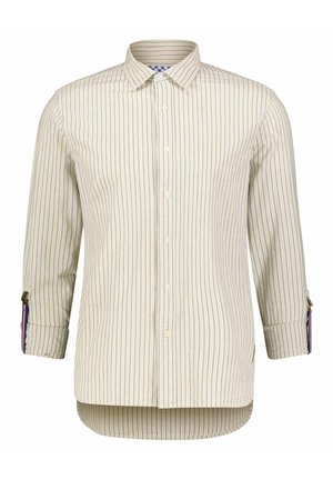 Chemise à manches longues boutonnée avec des rayures verticales blanches, beiges et bleues et une bordure violette aux poignets retroussés.