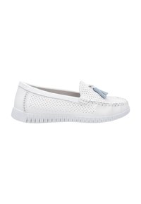 Weiße Lederloafers mit perforiertem Design, grauer Nähte und einer Schleifenapplikation. Verfügt über eine weiße Gummisohle mit Rillen.